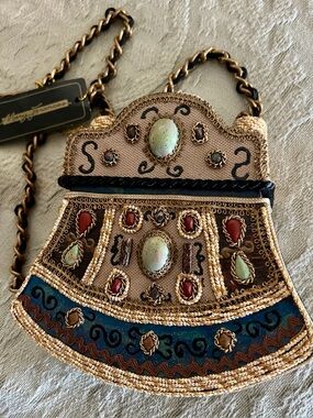 Mary Frances Papier-mâché Box BagBeaded Embellished Beige and Teal Crossbody Bag